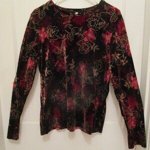 Velour long sleeve top, red and tan on black; L/G; by White Stag